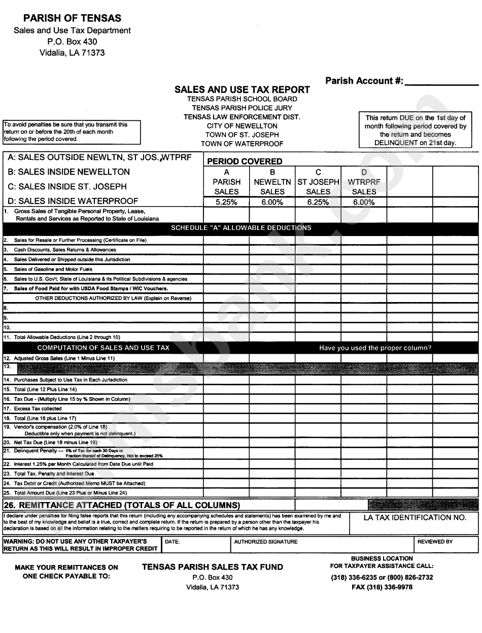 Sales And Use Tax Return Form Parish Of Tensas printable pdf download