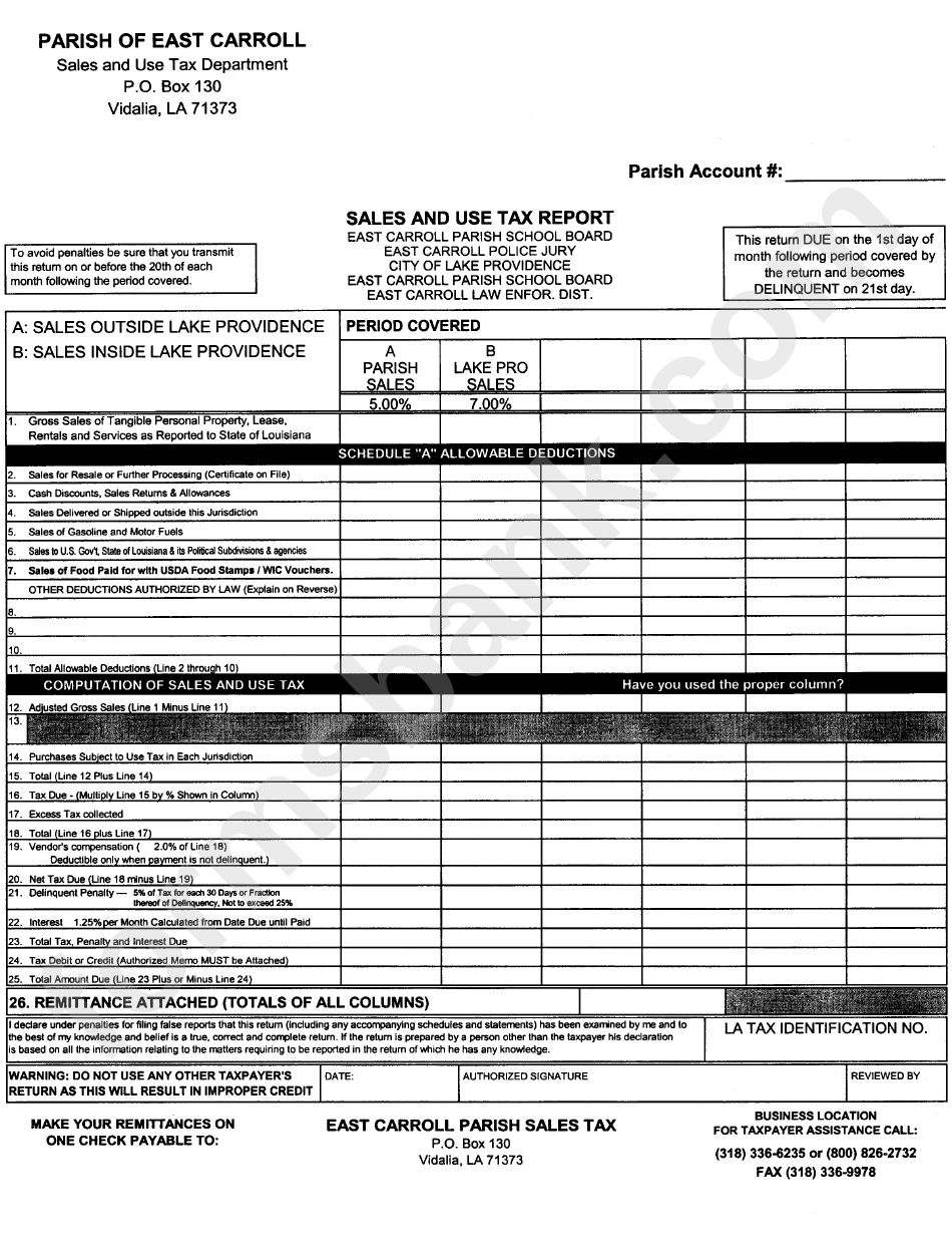 Sales And Use Tax Return Form Parish Of East Carrol printable pdf