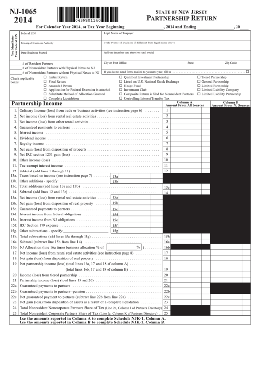 Fillable Form Nj1065 Partnership Return printable pdf download
