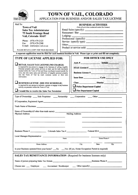 Application For Business And/or Sales Tax License Form printable pdf