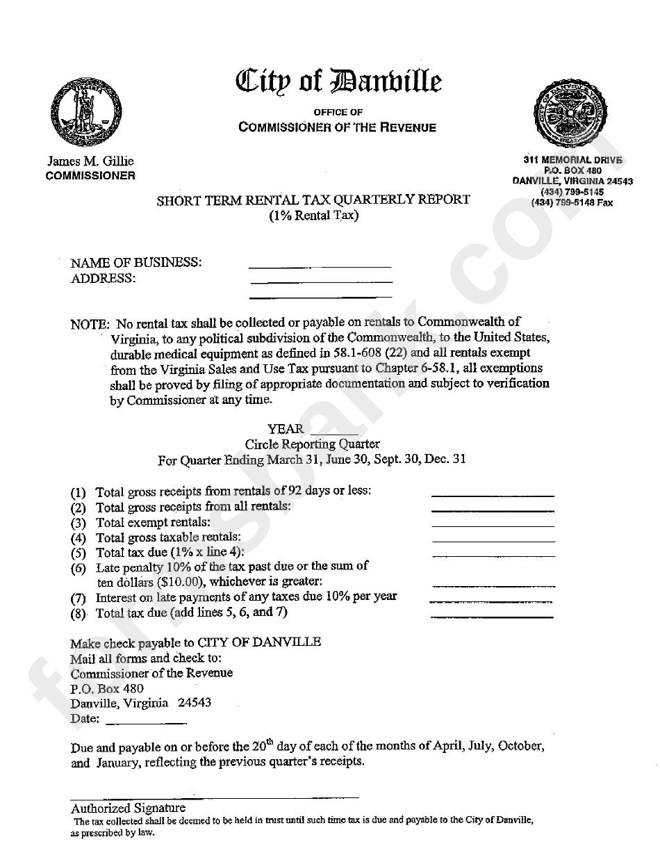ShortTerm Rental Tax Quarterly Report (1 Rental Tax) Form printable pdf download