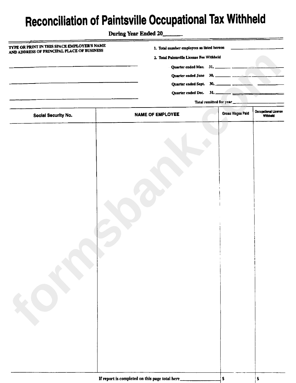 Reconciliation Of Paintsville Occupational Tax Withheld Form printable