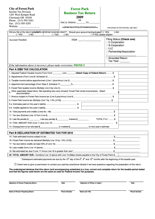 Business Tax Return Form City Of Forest Park Tax Division