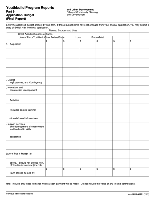 Form Hud40201 Youthbuild Program Reports Part 9 Application Budget