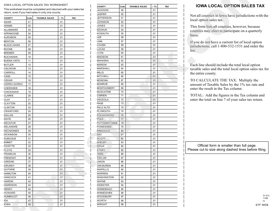 Fillable Iowa Local Option Sales Tax Worksheet printable pdf download