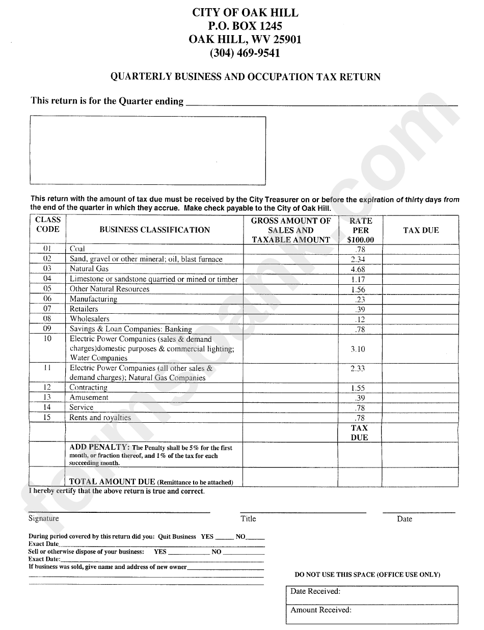 Quarterly Business And Occupation Tax Return Form printable pdf download