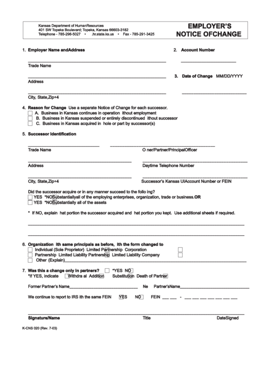 Employer'S Notice Of Change Form 2008 printable pdf download