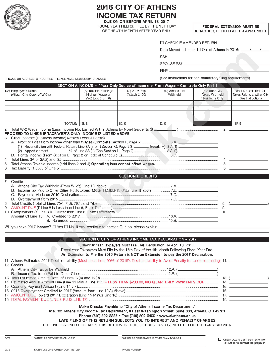 Tax Return Form City Of Athens 2016 printable pdf download