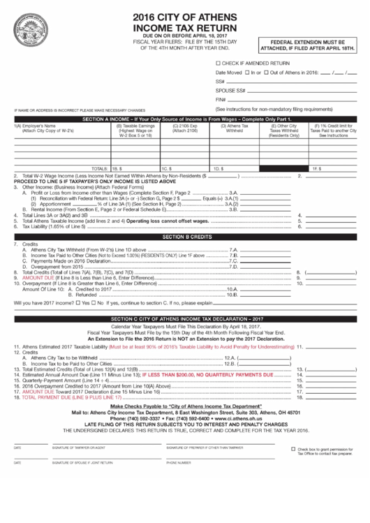 Tax Return Form City Of Athens 2016 printable pdf download