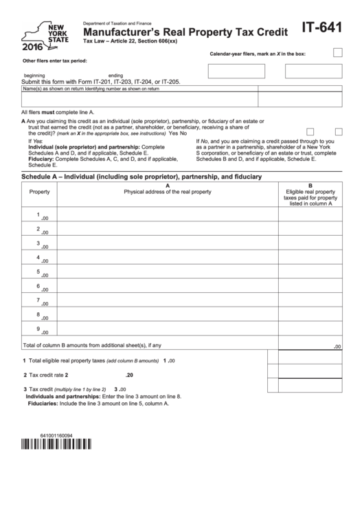 Fillable Form It641 Manufacturer'S Real Property Tax Credit Form