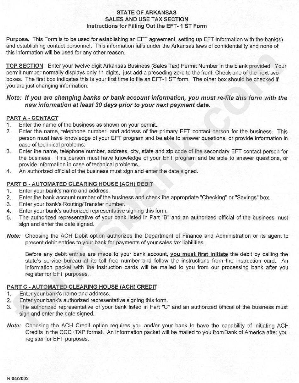 Form Eft1 (St Form) Instructions For Filling Sheet printable pdf