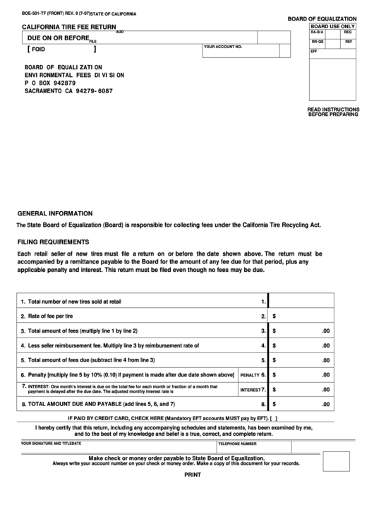 Fillable Form Boe501Tf California Tire Recycling Fee Return