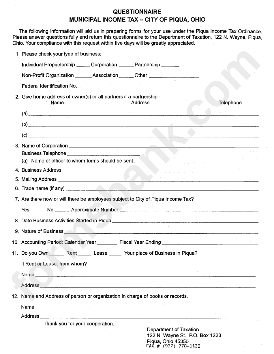 Municipal Tax Form printable pdf download