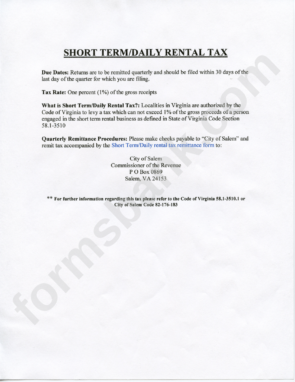 Short Term/daily Rental Tax Sheet printable pdf download