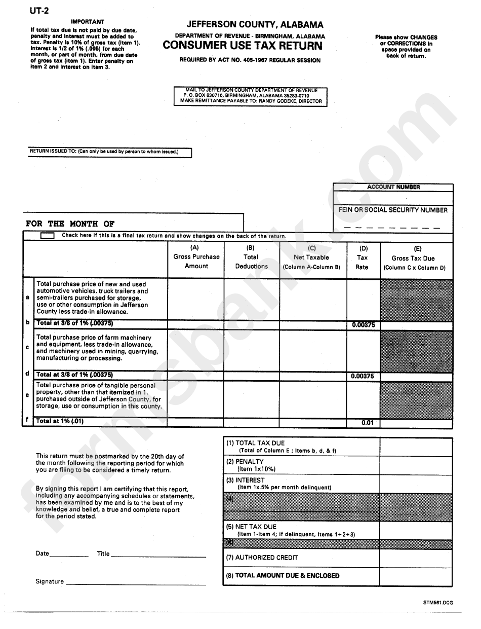 Form Ut2 Consumer Use Tax Return Jefferson County, Alabama