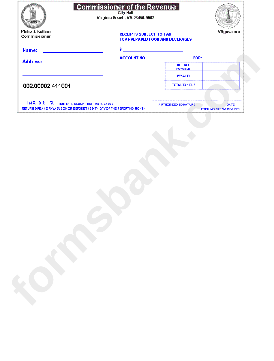 Receipts Subject To Tax For Prepared Food And Beverages Form 1999