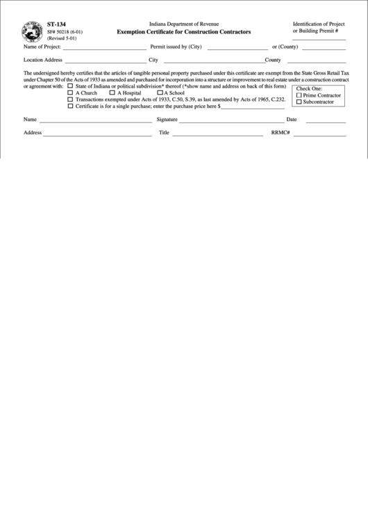 Form St134 Exemption Certificate For Construction Contractors Form