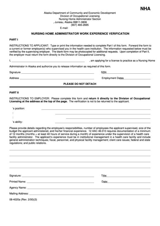 Form 084020a Nursing Home Administrator Work Experience Verification