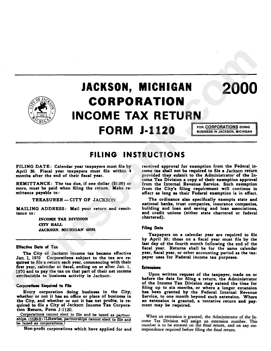 Form J1120 Tax Return Instructions City Of Jackson