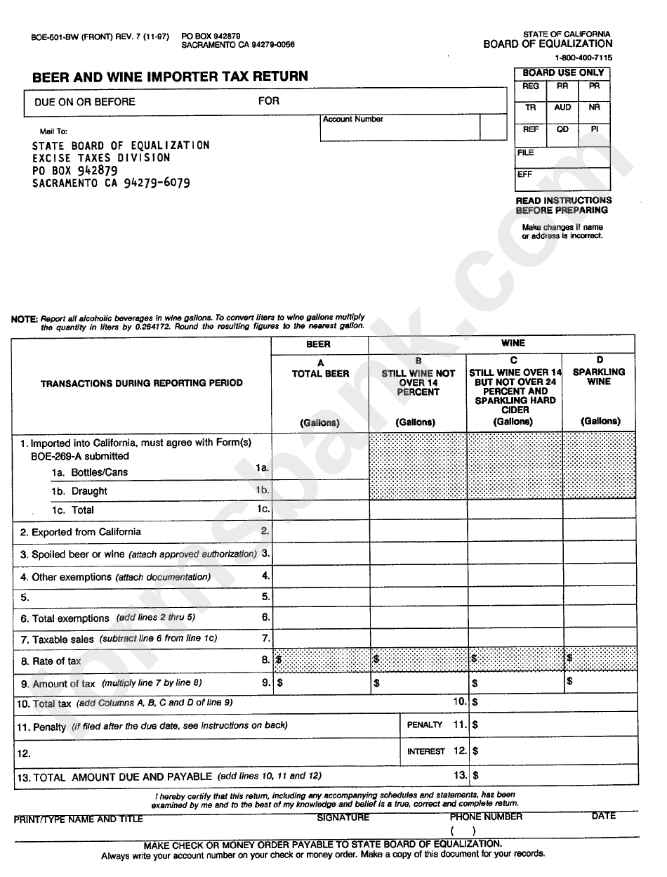 Form Boe501Bw Beer And Wine Importer Tax Return printable pdf download