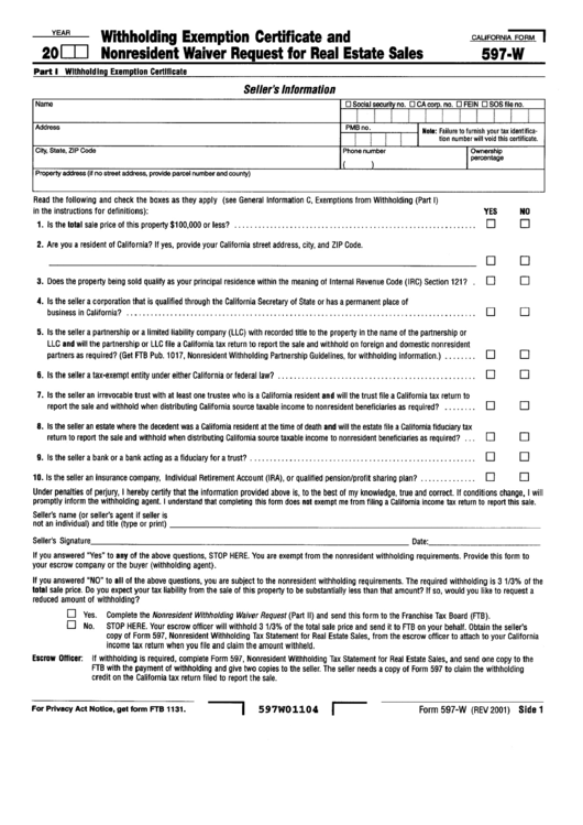 Form 697W Withholding Exemption Certificate And Nonresident Waiver
