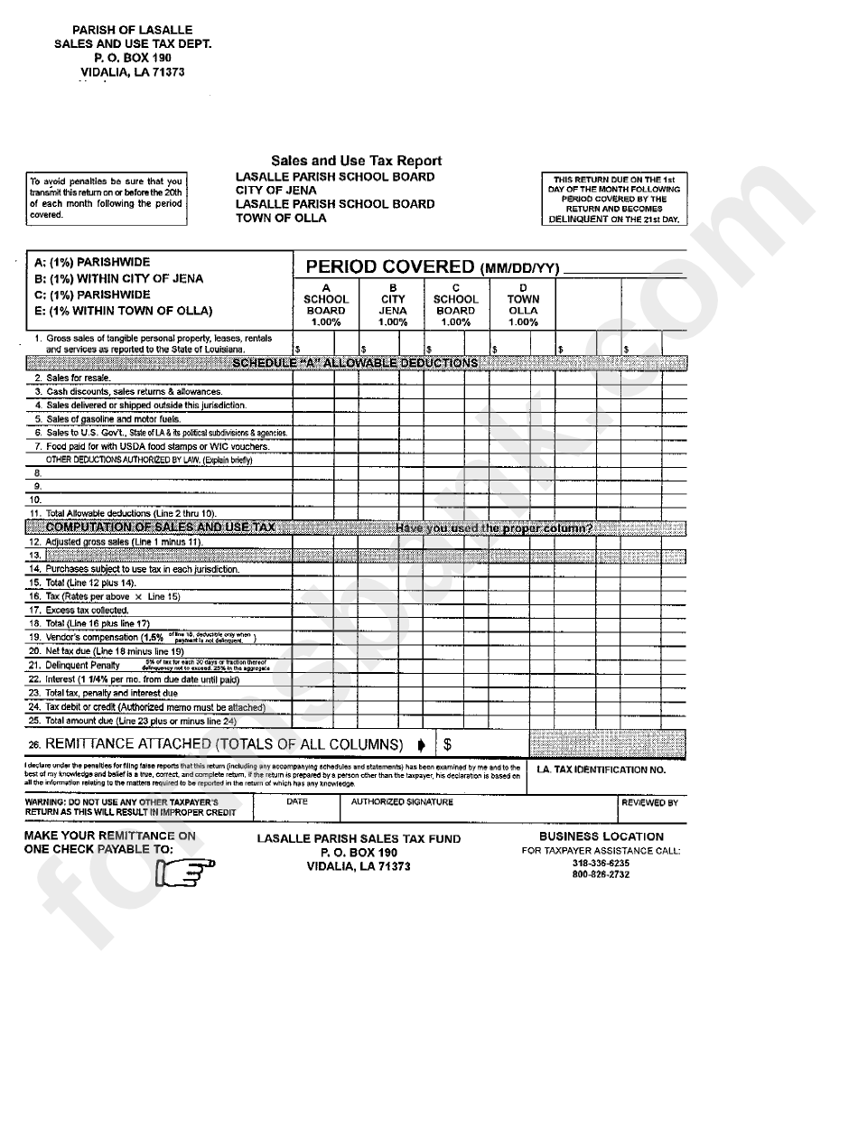 Sales And Use Tax Report Form Parish Of Lasalle printable pdf download