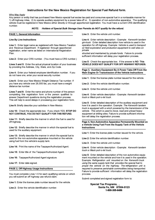 Instructions For The New Mexico Registration For Special Fuel Refund Form printable pdf download