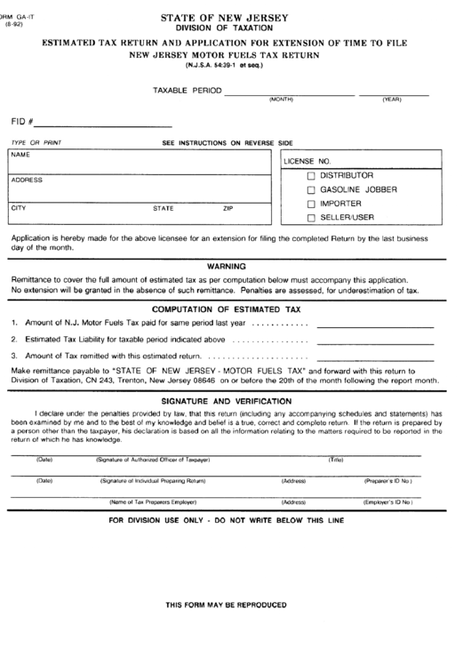 Form GaIt Estimated Tax Return And Application For Extension Of Time