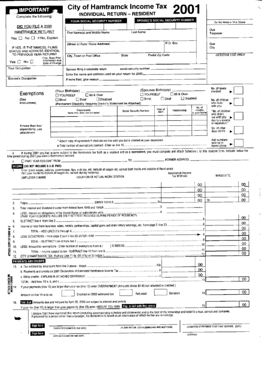 Individual Return Resident Tax Form City Of Hamtramck printable pdf
