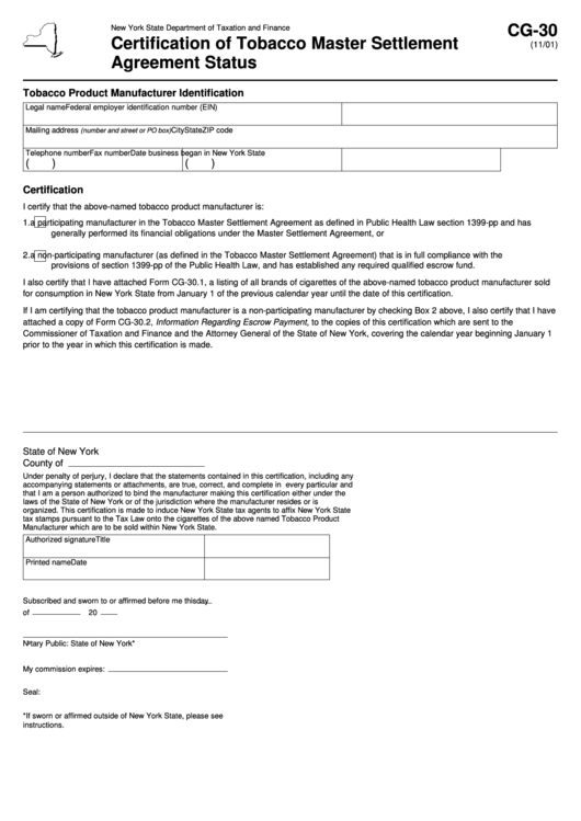 Form Cg30 Certification Of Tobacco Master Settlement Agreement
