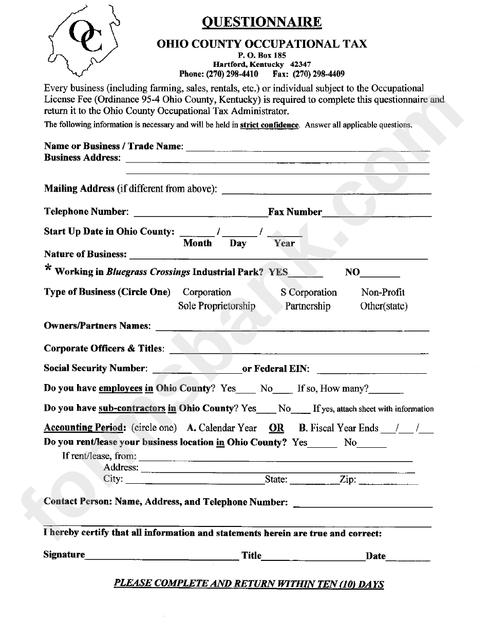 Questionnaire Ohio County Occupational Tax Form printable pdf download