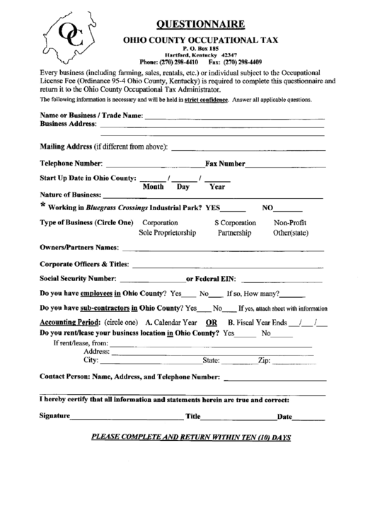 Questionnaire Ohio County Occupational Tax Form printable pdf download