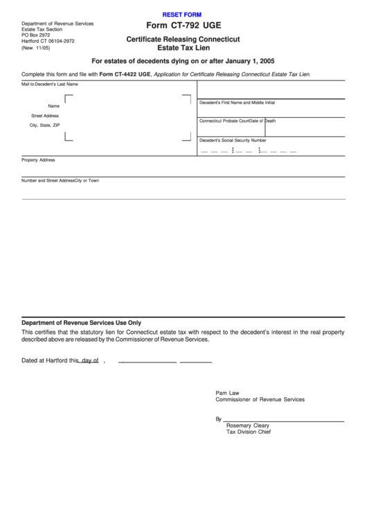 Fillable Form Ct792 Uge Certificate Releasing Connecticut Estate Tax
