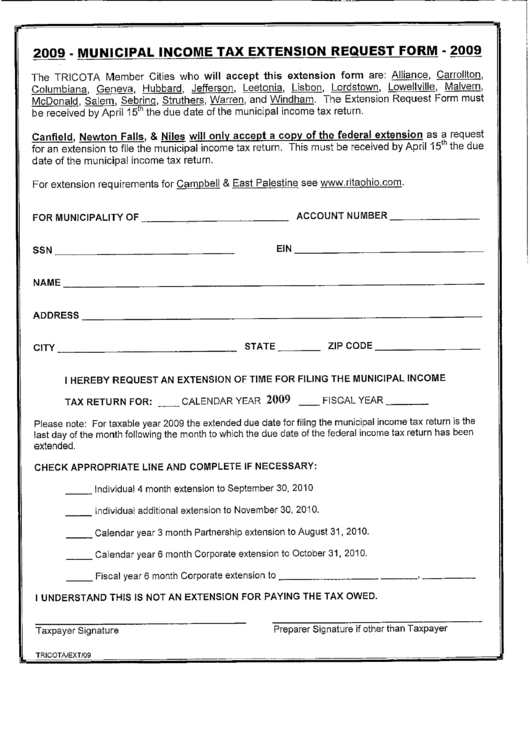 Municipal Tax Extension Request Form 2009 printable pdf download