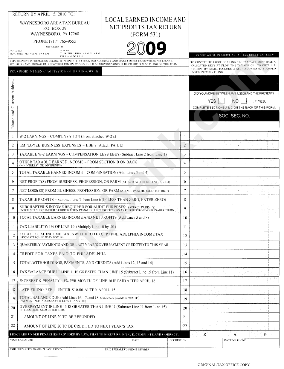 Form 531 Local Earned And Net Profits Tax Return Form