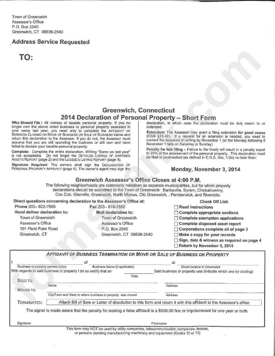 Declaration Of Personal Property Short Form 2014 printable pdf download