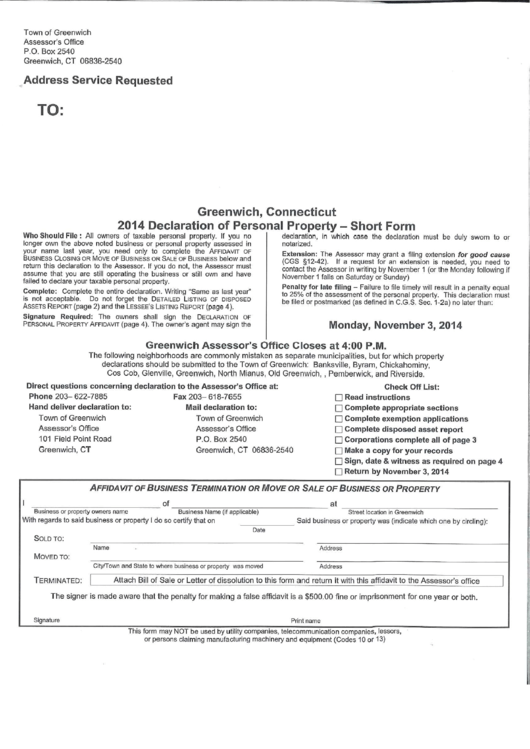 Declaration Of Personal Property Short Form 2014 printable pdf download