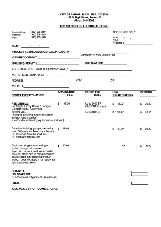 Application For Electrical Permit Form City Of Akron Bldg. Insp