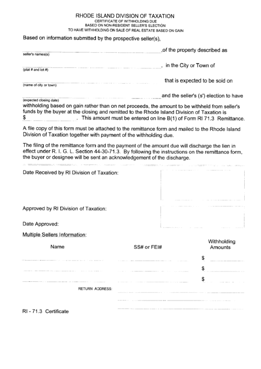 Fillable Form For A Certificate Of Withholding Due Based On Non