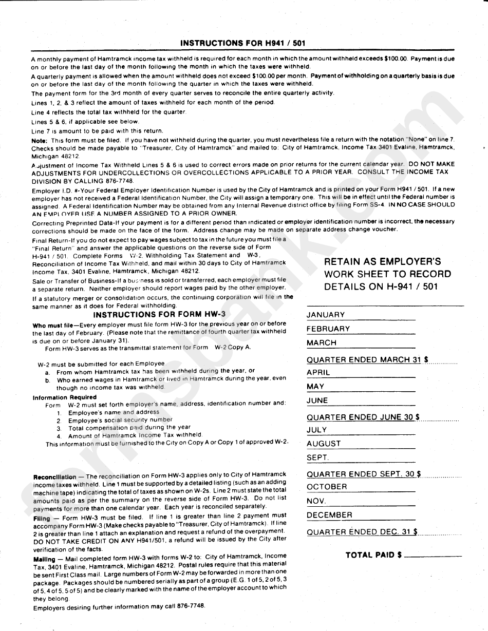 Form H941/501 Instructions For Hamtramck Tax Withheld printable pdf