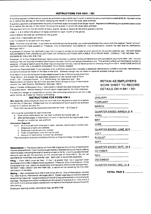 Form H941/501 Instructions For Hamtramck Tax Withheld printable pdf