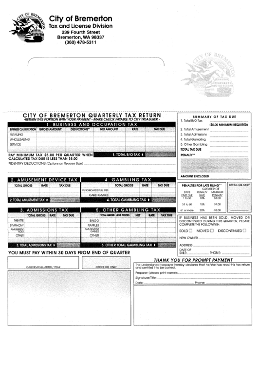 City Of Bremerton Quarterly Tax Return Form printable pdf download