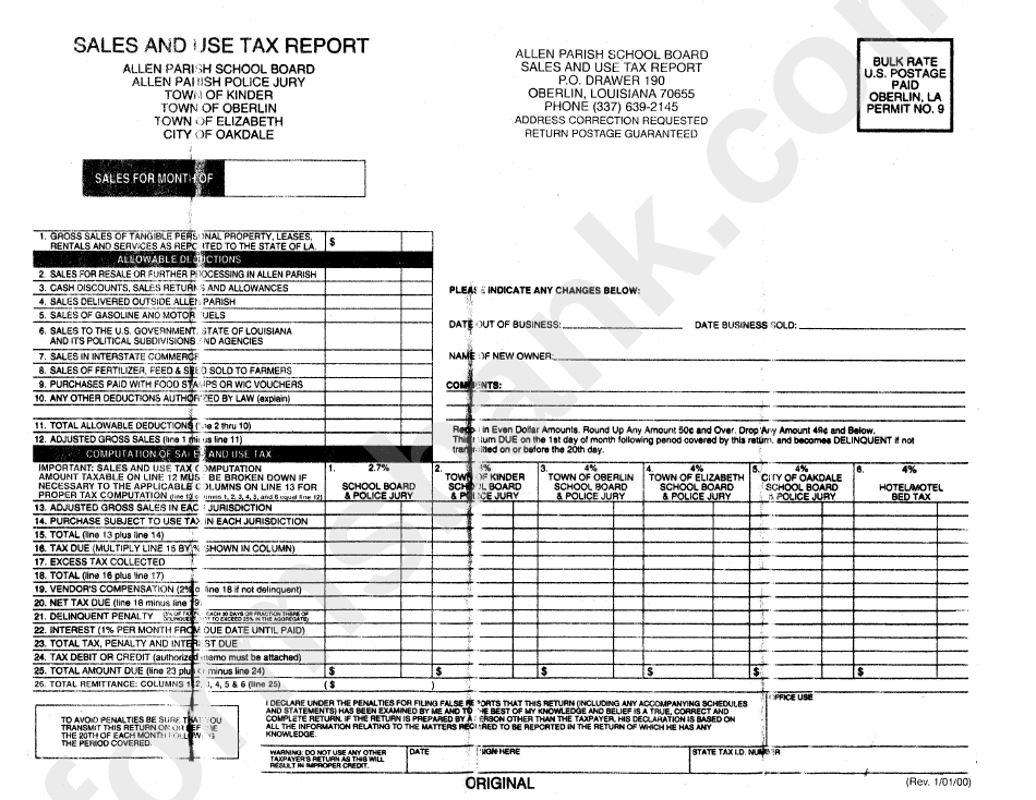 Sales And Use Tax Report Form Allen Parish School Board printable pdf