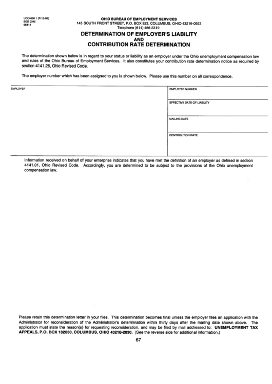 Form Uco650.1 Determination Of Employer'S Liability And Contribution