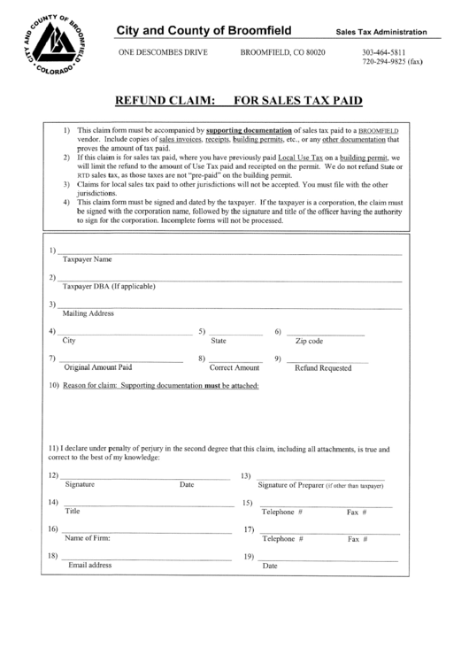 Refund Claim For Sales Tax Paid Form City And County Of Broomfield