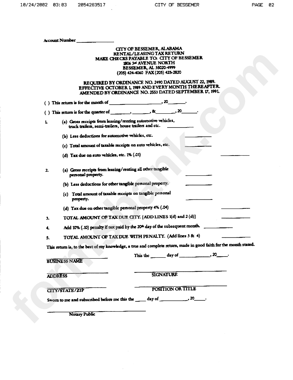 Rental / Leasing Tax Return Form City Of Bessemer printable pdf download