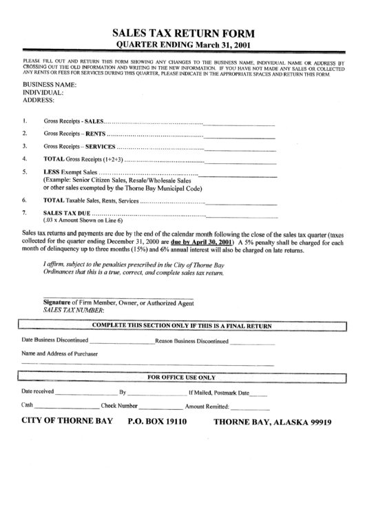 Sales Tax Return Form City Of Thorne Bay printable pdf download