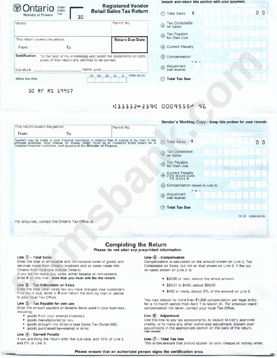 Registered Vendor Retail Sales Tax Return Form printable pdf download