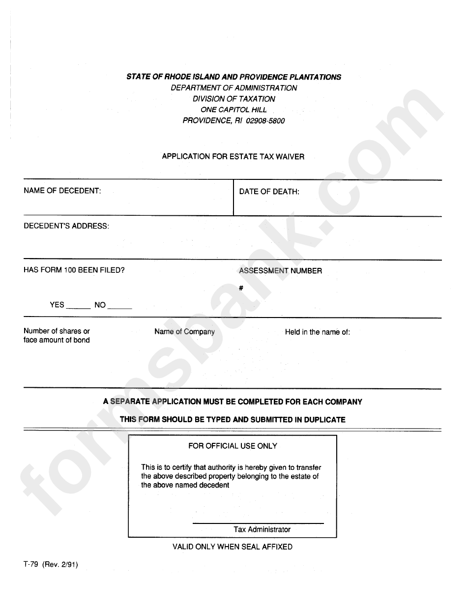 Form T79 Application For Estate Tax Waiver printable pdf download