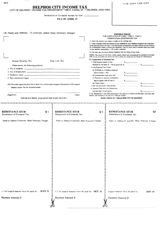 Form D1 Delphos City Tax printable pdf download